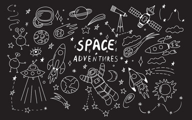 Doodle space illustration in childish style. Set of cosmos vector elements such as rocket, astronaut, stars, asteroids, ufo. Sketch icons of various astronomy objects. Design clipart on black