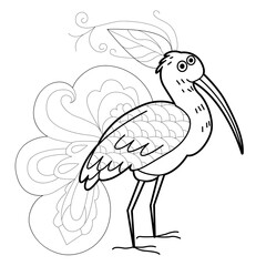 Contour linear illustration with bird for coloring book. Cute ibis, anti stress picture. Line art design for adult or kids  in zentangle style and coloring page.