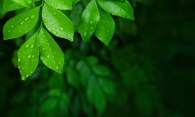 Fototapeta na wymiar Close up group of fresh green leaves of Andaman satinwood (Murraya paniculata) and clear droplets from raining with low light blur natural plants background. Selective focus and copy space