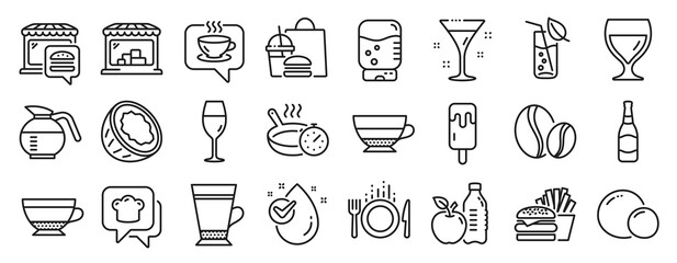 Set of Food and drink icons, such as Food, Ice cream, Cocktail icons. Market, Fast food, Coconut signs. Cooking hat, Wine glass, Peas. Coffee, Wineglass, Coffee beans. Water glass, Latte. Vector