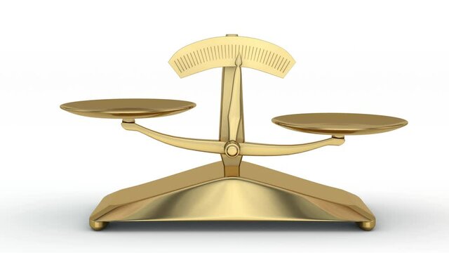 Loop 3D animation of golden apothecary scales whose scales constantly fluctuate. The idea of weight, choice, value determination. 3d animation for business banners, screensavers.