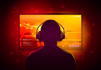 Vector Illustration Gamer Kid Sit In Front Of A Screen And Play Games © Black White Mouse