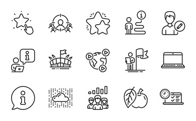 Business icons set. Included icon as Apple, Online test, Ranking star signs. Teamwork results, Notebook, Star symbols. Video conference, Business targeting, Arena. Leadership, Edit person. Vector