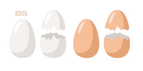 Set of white and Brown eggs. Whole and broken eggs with cracked eggshell. Vector food ingredient isolated on white background. Flat design for menu, cafe, restaurant, poster, banner, emblem, sticker.