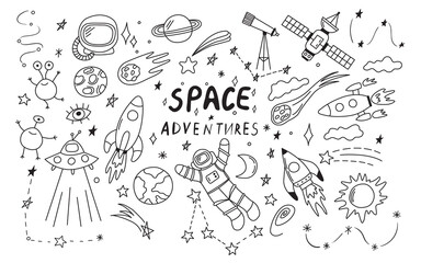 Doodle space illustration in childish style. Set of cosmos vector elements such as rocket, astronaut, stars, asteroids, ufo. Sketch icons of various astronomy objects. Design clipart. Black line print © Olga