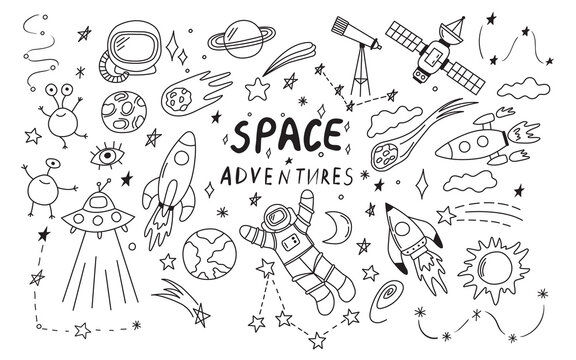 Doodle space illustration in childish style. Set of cosmos vector elements such as rocket, astronaut, stars, asteroids, ufo. Sketch icons of various astronomy objects. Design clipart. Black line print