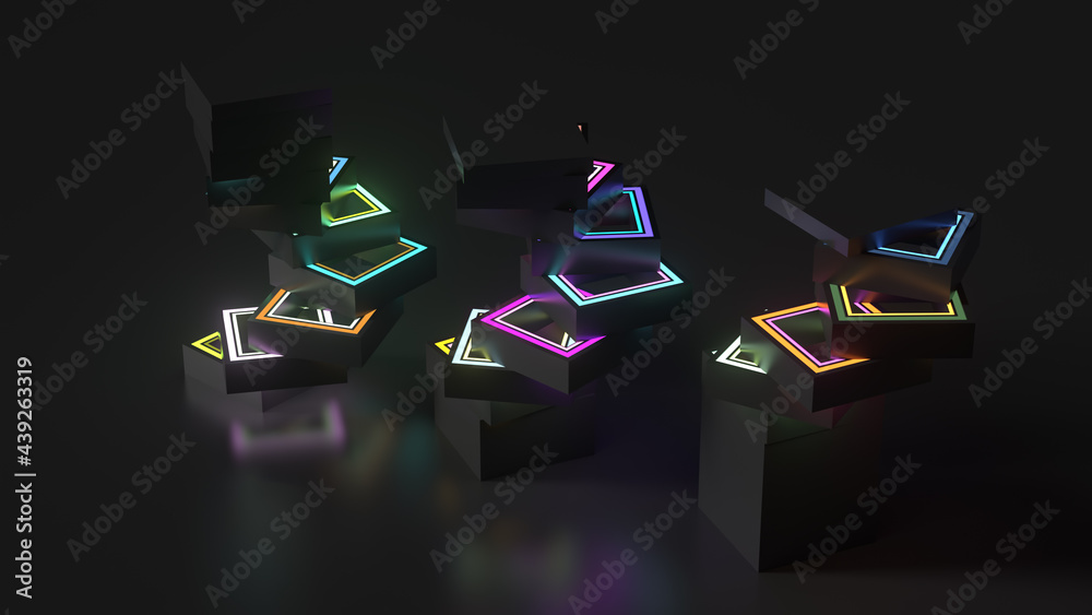 Poster 3d render of vertical geometry shape sliced into pieces with inner glow illumination material. dark 