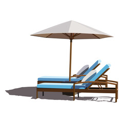 Vector illustration of two sun loungers under a white beach umbrella. Isolated over white background.