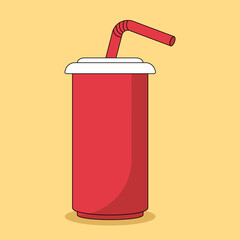 Cute cartoon soda in red paper cup with cocktail tube isolated on yellow background. Illustration in a flat style. Vector illustration
