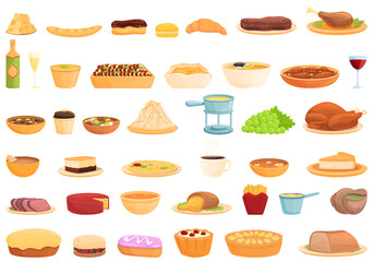 French cuisine icons set. Cartoon set of french cuisine vector icons for web design