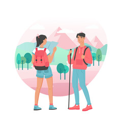 Traveling couple. Young man and woman hiking. Vector characters design