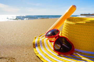 Sun protection acessories on beach