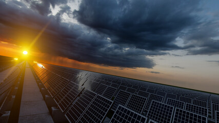 Sunset Over the Solar Panel Field on a Stormy Day 3D Rendering