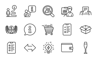 Line icons set. Included icon as Checklist, Presentation, Champagne glass signs. Interview, Opened box, Sync symbols. Search employees, Laureate award, Shopping cart. Receive file. Vector