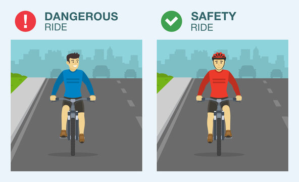 Dangerous and safety bicycle ride on road. Safety driving rule. Wear your helmet to protect your head. Front view of cycling bike riders. Flat vector illustration template.