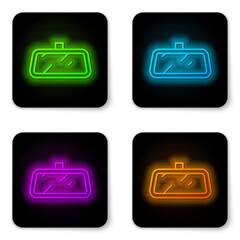 Glowing neon line Car mirror icon isolated on white background. Black square button. Vector