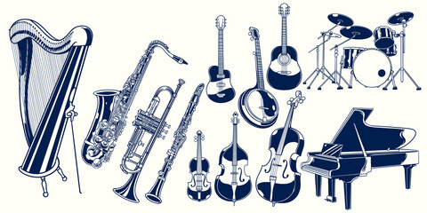 Set collection of musical instruments. Piano, violin, drum set, acoustic guitar, clarinet, trumpet, saxophone, banjo, double bass, harp, cello. Classical jazz instrument vector hand drawn illustration - obrazy, fototapety, plakaty