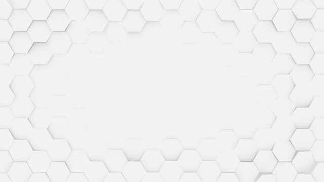 White hexagonal honeycomb background. Seamless loop 3D render animation