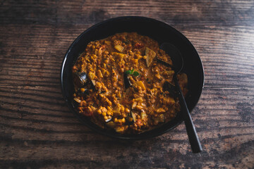 vegan eggplant lentil curry with tomato sauce and coconut milk, healthy plant-based food