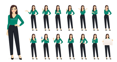 Elegant business woman character in different poses set in jeans isolated vector illustration
