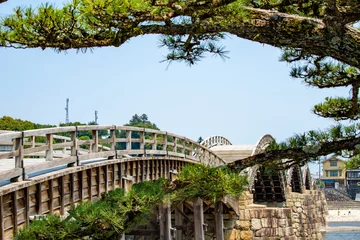 Afwasbaar Fotobehang Kintai Brug 岩国の錦帯橋と松の木
