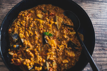 vegan eggplant lentil curry with tomato sauce and coconut milk, healthy plant-based food