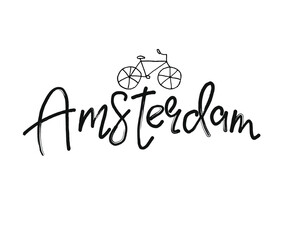 Amsterdam word text of European or Europe city with  bicycle illustration suitable as a logo for a company or touristic promotion