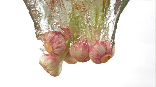 Super slow motion of the head of garlic fall under the water on a white background. Filmed on a high-speed camera at 1000 fps. High quality FullHD footage