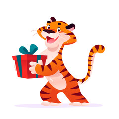 Fototapeta na wymiar Portrait of funny tiger character with red gift box isolated on white background. Flat cartoon style. For company mascot, banner, advertising, web ad, sale tag, card, logo design.