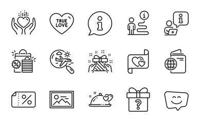 Holidays icons set. Included icon as Smile face, Photo, Love letter signs. Travel passport, Romantic dinner, True love symbols. Shopping bags, Search flight, Discount banner. Hold heart. Vector