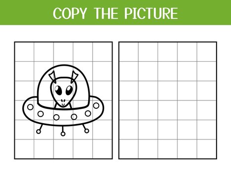 Copy the picture activity page for kids. Draw and color a cute alien in flying saucer using the example. Space educational game template for school and preschool. Vector illustration