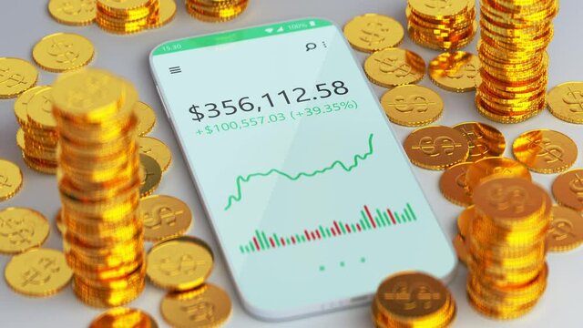 Generic smartphone with running mobile stock trading fictional app and gold coins. 3D render animation
