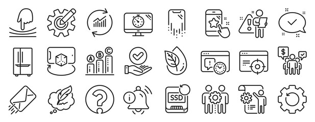 Fototapeta na wymiar Set of Technology icons, such as Graph chart, Seo timer, Settings blueprint icons. Elastic, Cogwheel, Information bell signs. Search employee, Augmented reality, Seo targeting. Star rating. Vector