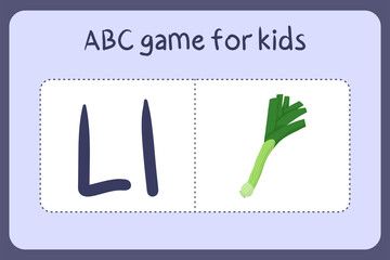 Kid alphabet mini games in cartoon style with letter L - leek . Vector illustration for game design - cut and play. Learn abc with fruit and vegetable flash cards.