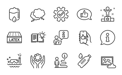 Business icons set. Included icon as Scuba diving, Winner, Water bottle signs. Product knowledge, Speech bubble, Drop counter symbols. Latex mattress, Photo cloud, Like app. Service. Vector