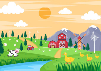 Naklejka premium Cute Cartoon Farm Animals Vector Illustration With Cow, Horse, Chicken, Duck, or Sheep. For Postcard, Background, Wallpaper, and Poster