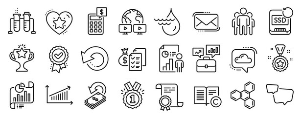Fototapeta na wymiar Set of Education icons, such as Cloud communication, Hydroelectricity, Victory icons. Cashback, Approved award, Chart signs. Ranking star, Business report, Messenger mail. Copyright, Group. Vector