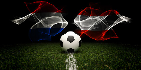 Football tournament. Football with national flags of Netherlands and Austria. Soccer ball and text. 3d rendering. Soccer match. Euro cup or world cup.