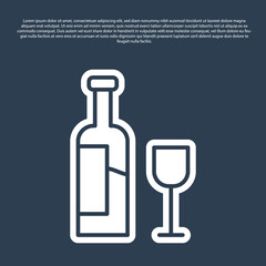 Blue line Wine bottle with glass icon isolated on blue background. Vector