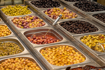Olive varieties for sale at the counter