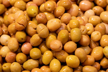 Close-up green olives. Food background