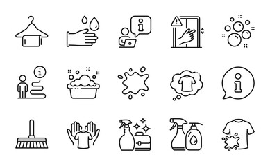 Fototapeta premium Cleaning icons set. Included icon as T-shirt, Clean bubbles, Dirty t-shirt signs. Rubber gloves, Hand washing, Dont touch symbols. Cleanser spray, Cleaning mop, Cleaning liquids. Vector