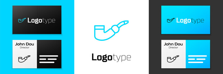 Blue line Smoking pipe icon isolated on white background. Tobacco pipe. Logo design template element. Vector