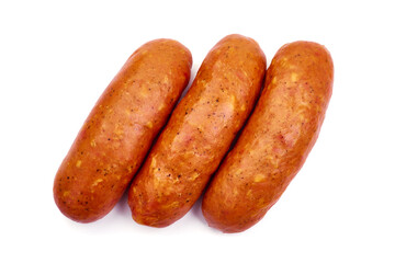Smoked sausages, isolated on white background. High resolution image.