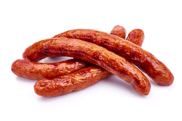 Fried thin sausages, isolated on white background. High resolution image.