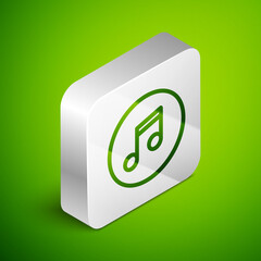 Isometric line Music note, tone icon isolated on green background. Silver square button. Vector