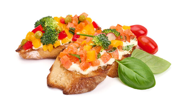 Bruschetta with mozzarella cheese, isolated on white background. High resolution image.