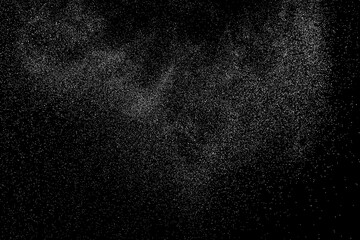 Distressed white grainy texture. Dust overlay textured. Grain noise particles. Snow effects pack. Rusted black background. Vector illustration, EPS 10.  