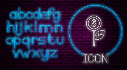 Glowing neon line Dollar plant icon isolated on brick wall background. Business investment growth concept. Money savings and investment. Neon light alphabet. Vector