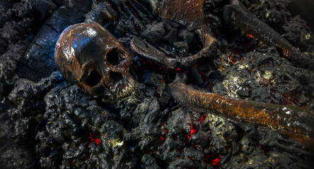 Human skull and remains of bone, ribs close rotation. Halloween, cinema prop sfx
